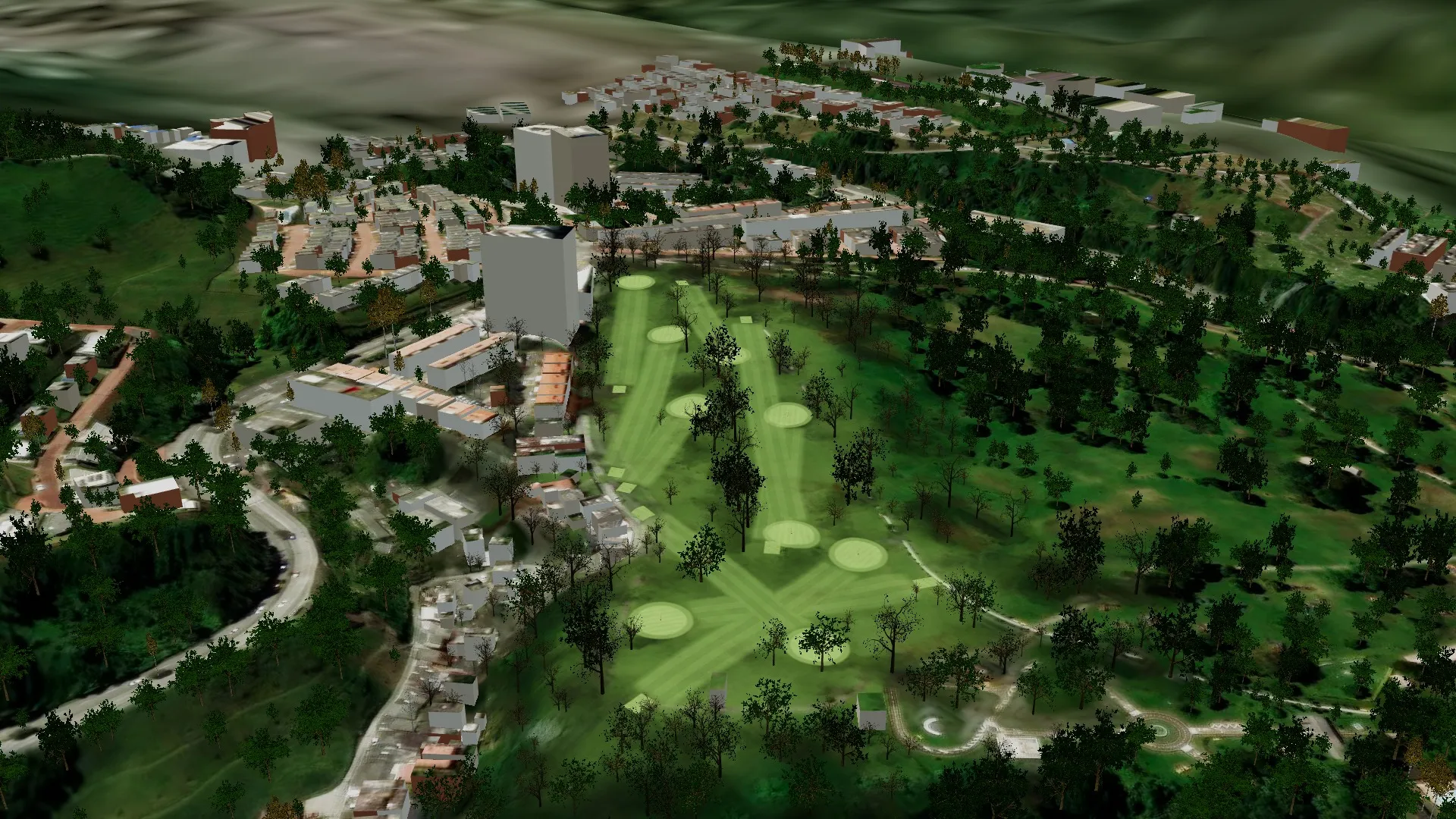 Vista aérea del campo de golf en 3D