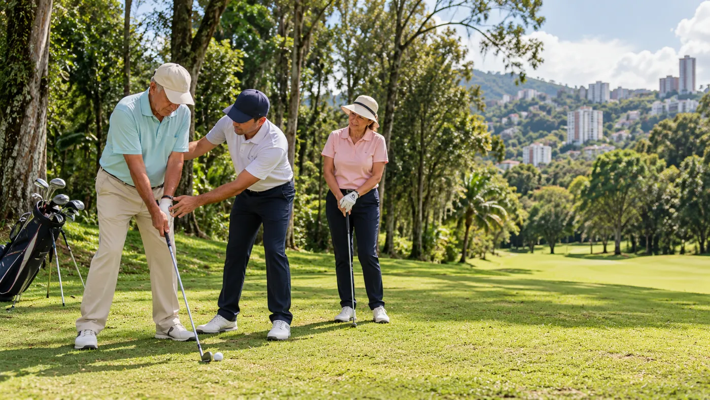 Un instructor corrige el swing de un alumno en el campo